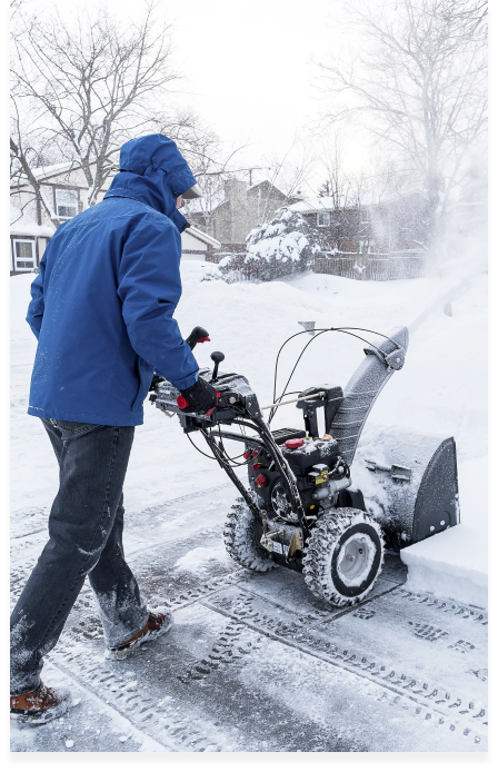 A man wearing a blue hood use a snow blower to remove the snow